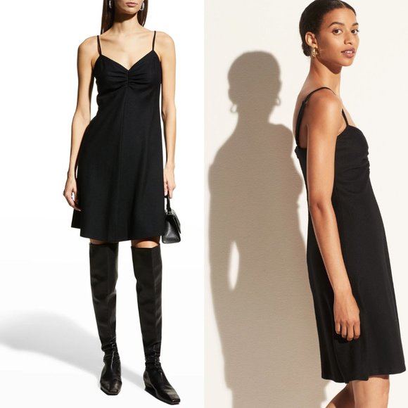 Vince Ruched Camisole Mini Dress Black Wool Blend A-line Skirt Small - Picture 2 of 10